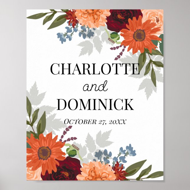 Burgundy Fall Garden Floral Wedding  Poster (Front)