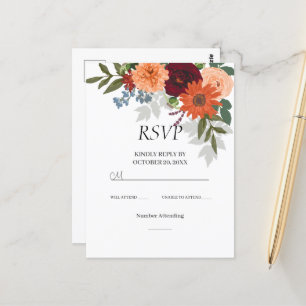 Burgundy Fall Garden Floral Wedding RSVP Card