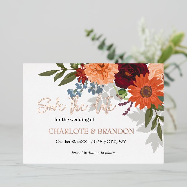 Burgundy Fall Garden Floral Wedding  Save The Date (Standing Front)