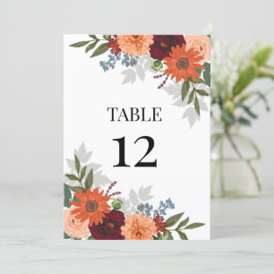 Burgundy Fall Garden Floral Wedding Table Number
