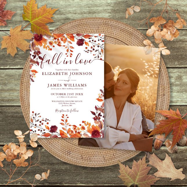 Burgundy Fall In Love Autumn Floral Photo Wedding Invitation (Burgundy Fall In Love Autumn Floral Photo Wedding Invitation)