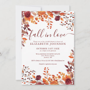 Burgundy Fall In Love Photo QR Code Bridal Shower Invitation