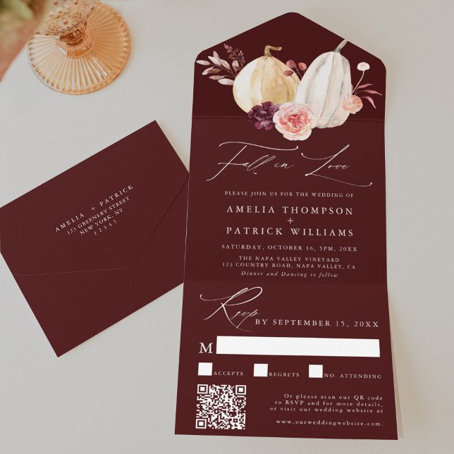 Burgundy Fall in Love Pumpkin Autumn Wedding All In One Invitation (Creator Uploaded)