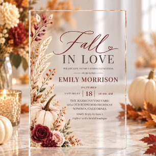 Burgundy Fall in Love Pumpkin Bridal Shower Acrylic Invitations