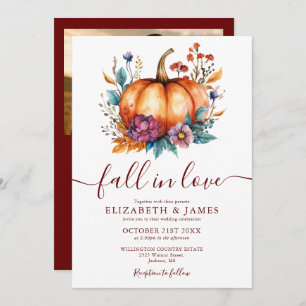 Burgundy Fall In Love Pumpkin Photo QR Wedding Invitation