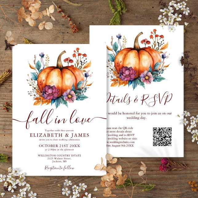 Burgundy Fall In Love Pumpkin QR Code Wedding Invitation (Burgundy Fall In Love Pumpkin QR Code Wedding Invitation)