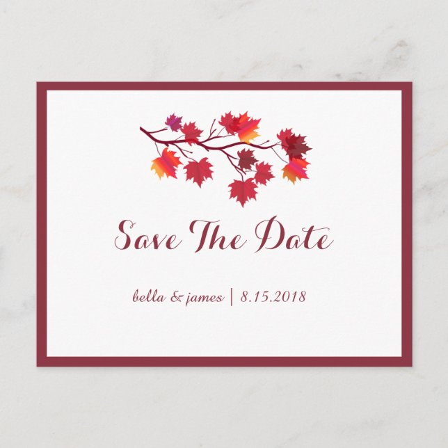 Burgundy Fall Leafs Wedding Save The Date Postcard (Front)