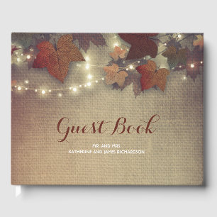 Burgundy Fall Leaves and String Lights Rustic Guest Book
