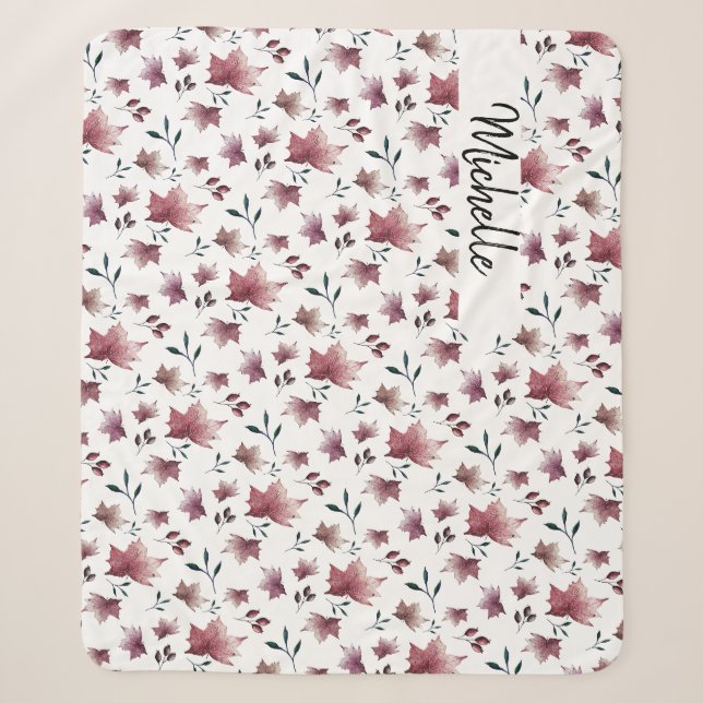 Burgundy Fall Leaves Pattern Watercolor Sherpa Blanket (Front)