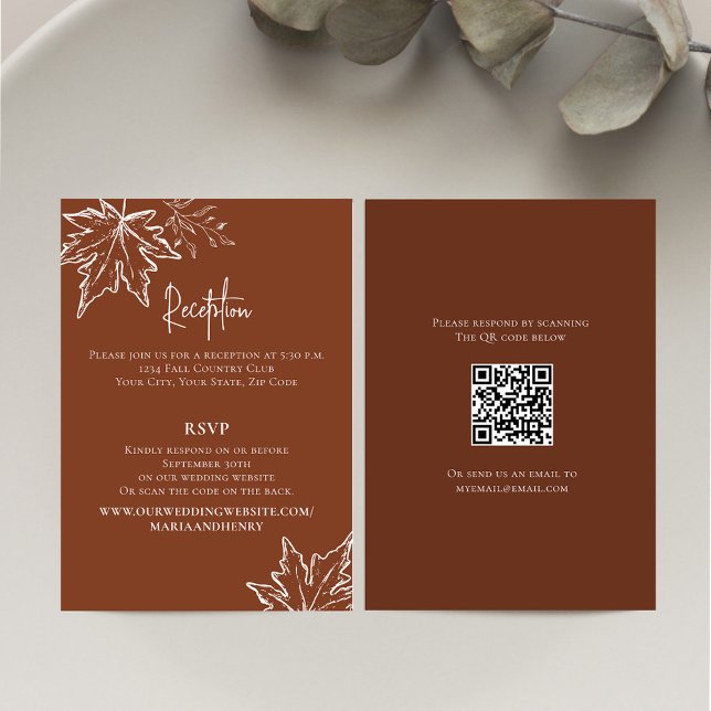 Burgundy Fall Leaves QR Code RSVP Wedding Enclosure Card (Burgundy wedding reception enclosure card. with RSVP details. )