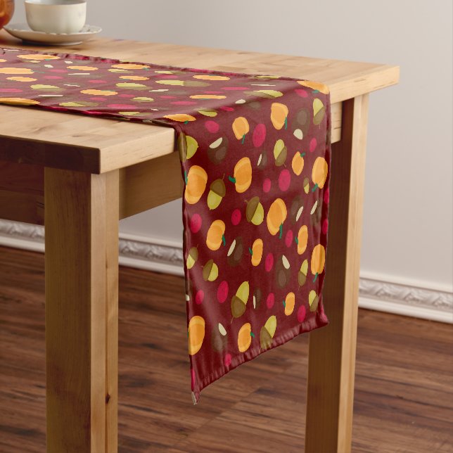 Burgundy Fall Pumpkin Red Berries Pattern Short Table Runner (In Situ)