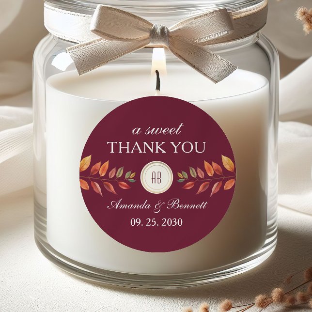 Burgundy Fall Wedding Thank You Classic Round Sticker (Creator Uploaded)
