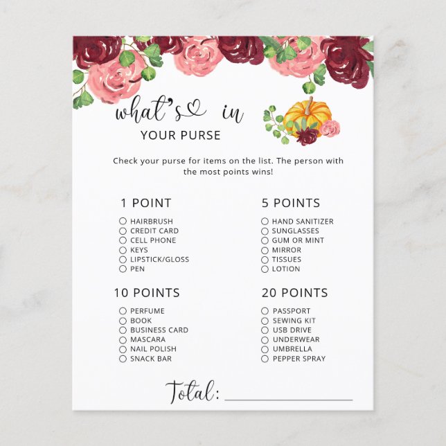 Burgundy fall whats in your purse baby shower game (Front)