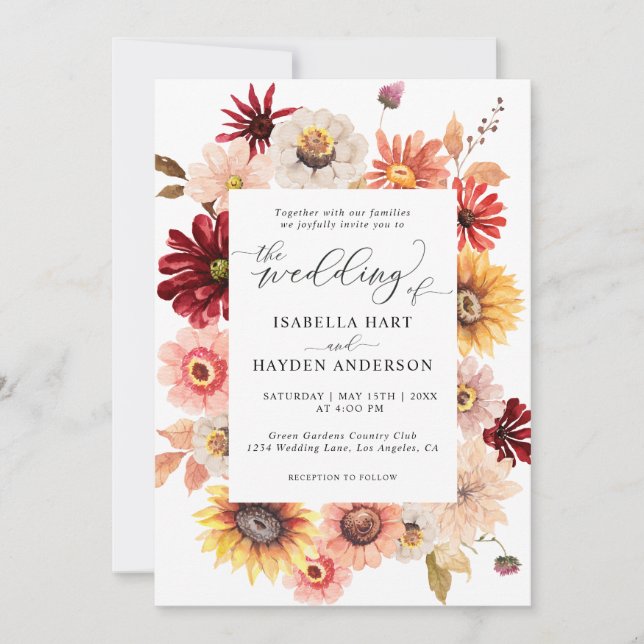 Burgundy Fall Wild Floral Sunflowers Wedding Invitation (Front)