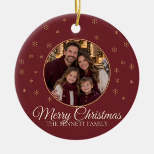 Burgundy Family Christmas Keepsake Photo Ceramic Ornament