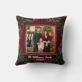 Burgundy Family Photo Christmas Throw Pillow