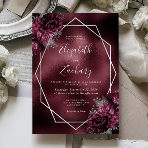 Burgundy Faux Foil Silver Frame Floral Wedding Invitation