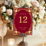 Burgundy Faux Gold Elegant Script Vintage Wedding Table Number<br><div class="desc">This burgundy and gold elegant wedding table number, with a vintage air, has a vintage golden frame with baroque faux gold decorations on a burgundy background. The names are written in an elegant calligraphic script. All text can be personalised and has a golden colour similar to the gold decorations of...</div>