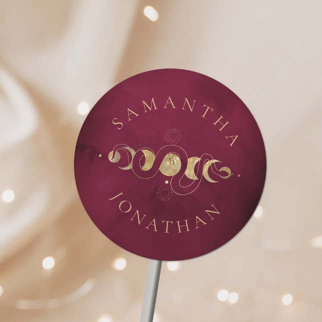 Burgundy & Faux Gold Tarot Celestial Wedding Classic Round Sticker (Creator Uploaded)