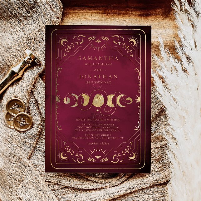 Burgundy & Faux Gold Tarot Celestial Wedding Invitation (Creator Uploaded)