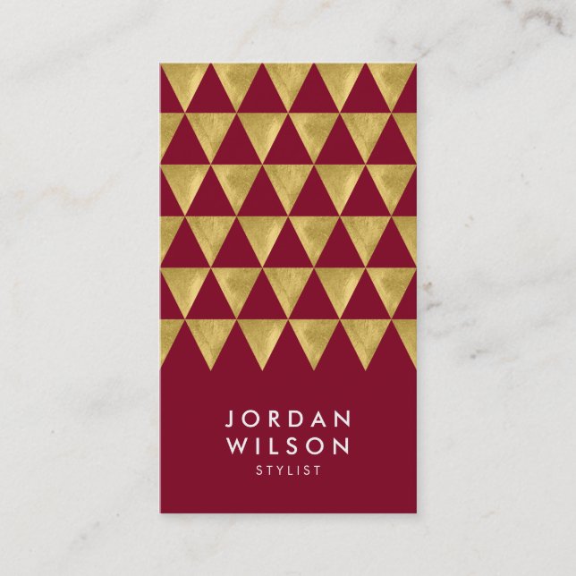 Burgundy Faux Gold Triangle Modern Vertical Business Card (Front)