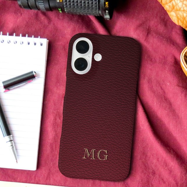 Burgundy Faux Leather and Gold Monogram Initials Case-Mate iPhone Case (Creator Uploaded)