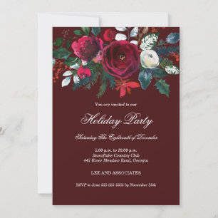 Burgundy Festive Floral Christmas Party Invitation