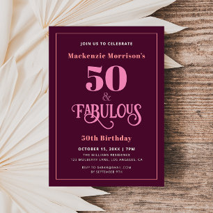 Burgundy Fifty and Fabulous Birthday Party Invitation