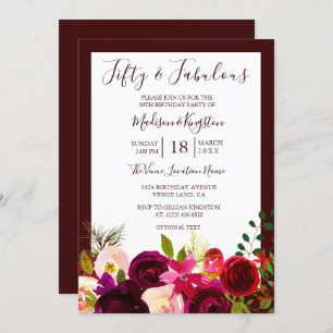 Burgundy Fifty and Fabulous Birthday Party Invite