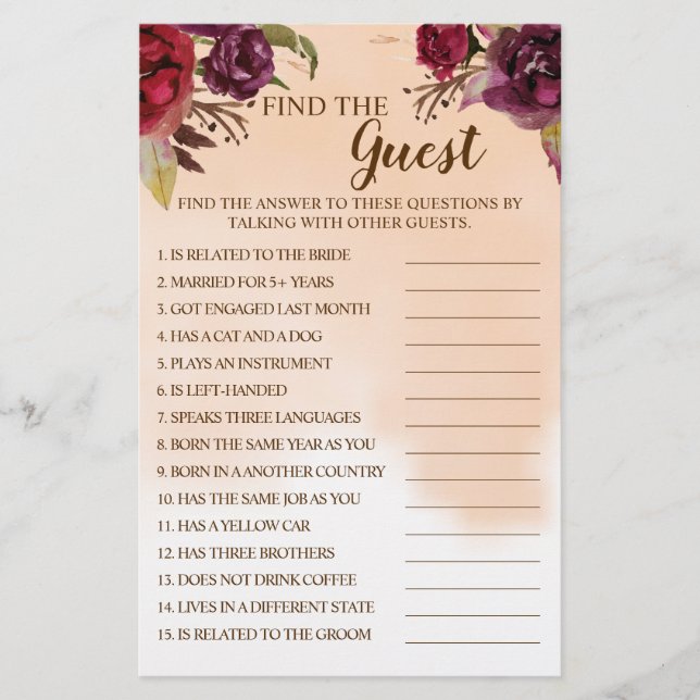 Burgundy Find the Guest Bridal Shower Game Card (Front)