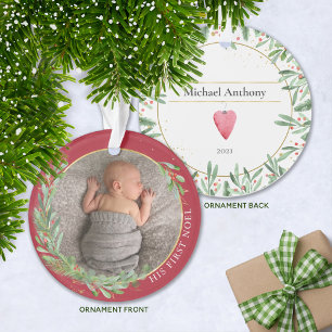 Burgundy First Noel Christmas Greenery Baby Photo Ornament