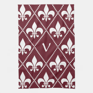 Burgundy Fleur de Lis with monogram initial Tea Towel