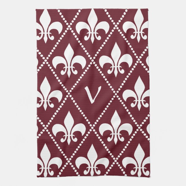 Burgundy Fleur de Lis with monogram initial Tea Towel (Vertical)