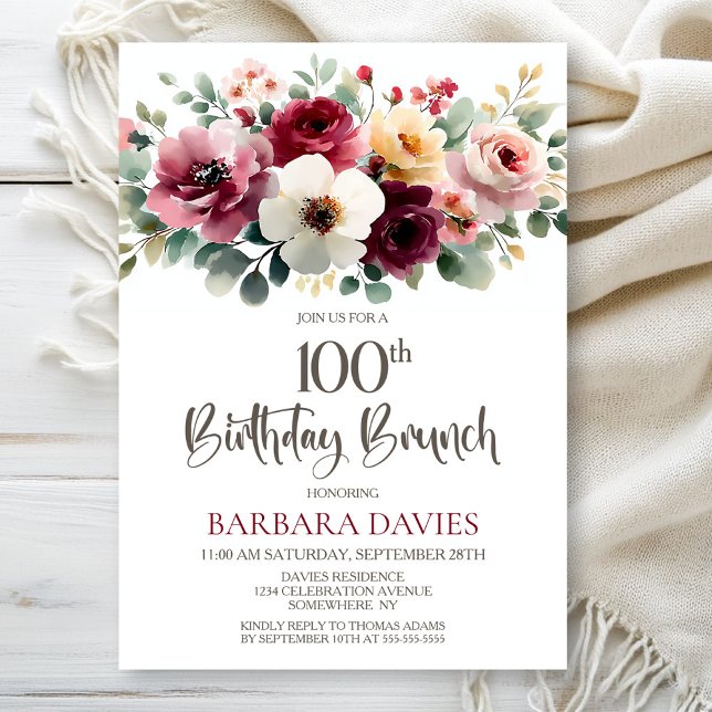 Burgundy Floral 100th Birthday Brunch Invitation (Creator Uploaded)