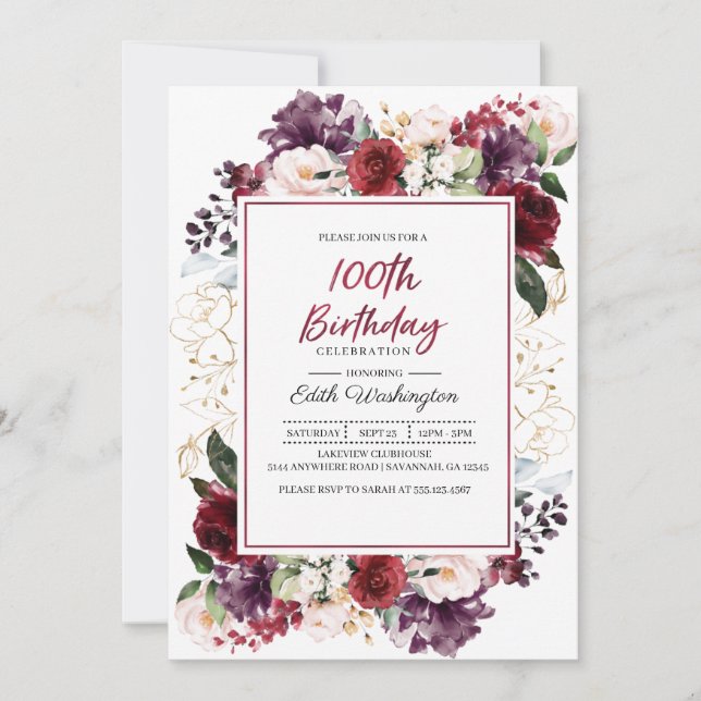 Burgundy Floral 100th Birthday Invitation (Front)