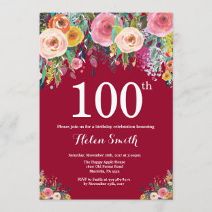 Burgundy Floral 100th Birthday Invitation