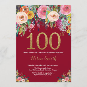 Burgundy Floral 100th Birthday Invitation Gold
