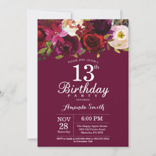 Burgundy Floral 13th Birthday Party Invitation