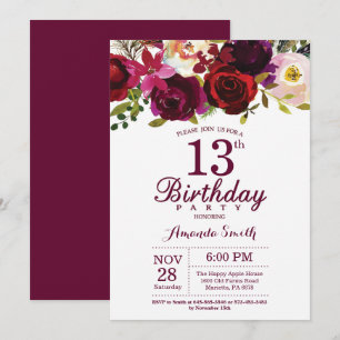 Burgundy Floral 13th Birthday Party Invitation