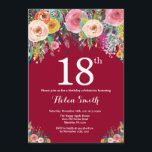Burgundy Floral 18th Birthday Invitation<br><div class="desc">Burgundy Floral 18th Birthday Invitation for Women. Watercolor Floral Flower. Burgundy Background. Pink, Yellow, Orange, Purple Flower. Adult Birthday. 13th 15th 16th 18th 20th 21st 30th 40th 50th 60th 70th 80th 90th 100th, Any Ages. For further customisation, please click the "Customise it" button and use our design tool to modify...</div>