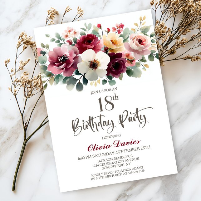 Burgundy Floral 18th Birthday Party Invitation (Creator Uploaded)