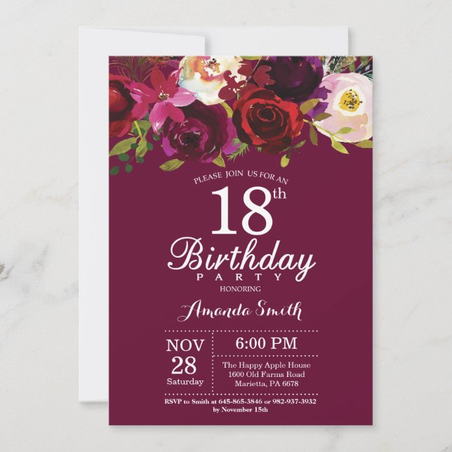 Burgundy Floral 18th Birthday Party Invitation (Front)