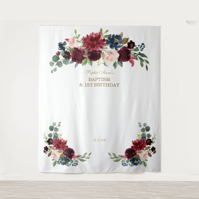 Burgundy Floral 1st Birthday Baptism Photo Booth Tapestry (Front)