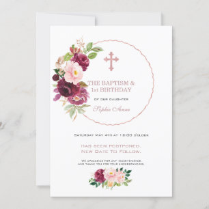 Burgundy Floral 1st Birthday & Baptism Postponed Invitation