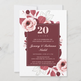 Burgundy Floral 20th Wedding Anniversary Invitation