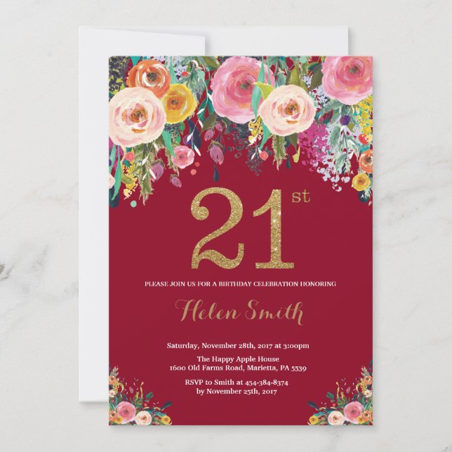 Burgundy Floral 21st Birthday Invitation Gold (Front)