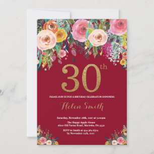 Burgundy Floral 30th Birthday Invitation Gold