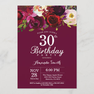 Burgundy Floral 30th Birthday Party Invitation