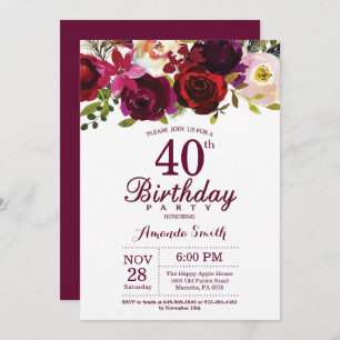 Burgundy Floral 40th Birthday Party Invitation