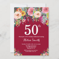 Burgundy Floral 50th Birthday Invitation